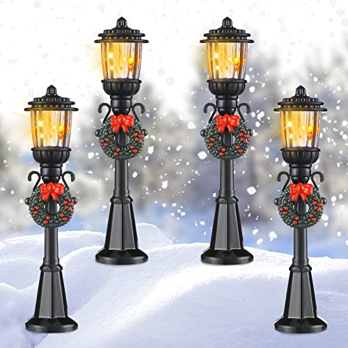 Mudder 4 Pcs 4 Pcs Christmas Miniature Village Lamp Post Light, Fresh | Vintage Lantern for Dollhouse Pathway, Train Layout, Lighted Black Design with Wreath, Fairy Garden Tabletop Accessory - color: Fresh Style