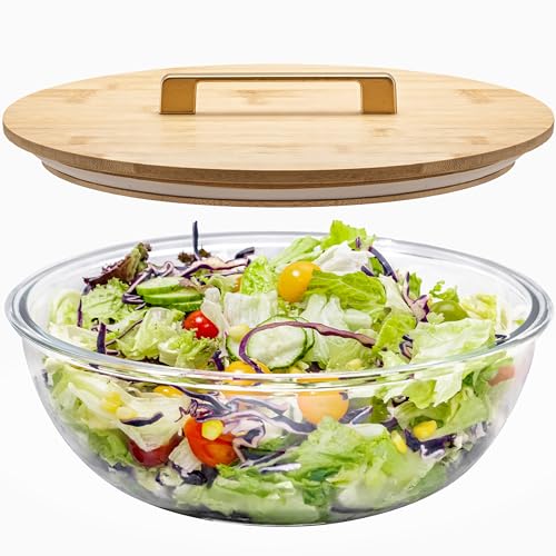 6.5Qt Extra Large Glass Mixing Bowl with Lid, Clear Large Salad Bowls with Airtight Bamboo Lid & Handle,Thickened Glass Big Mixing Bowls Cooking Bowl for Food Prep, Kitchen,Dinner, Borosilicate Glass - color: With lid, size: 6.5Qt