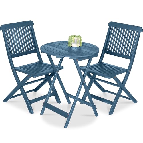 Best Choice Products 3-Piece Acacia Wood Bistro Set, Folding Patio Furniture for Backyard, Balcony, Deck w/ 2 Chairs, Round Coffee Table, Teak Finish - Slate Blue - color: Slate Blue