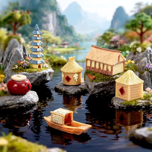 6 Piece Asian Garden Miniatures Chinese Style Fairy Garden Accessories Set, Mini Resin Pagoda Tower, Thatched House, Boat Figurines for Bonsai, Terrarium, Mini Landscape Ornaments