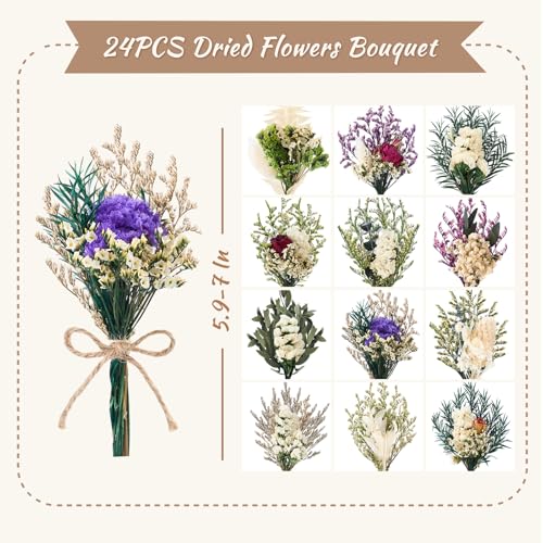 12/24 PCS Charming Dried Flowers Bouquet for Vase Various Dried Wildflowers with Stems Mini Handmade Wildflowers Natural Real Flowers Bulk Flowers Craft (White Series, 24 PCS) - color: White Series