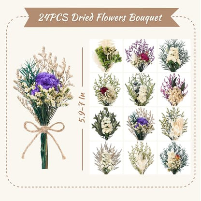 12/24 PCS Charming Dried Flowers Bouquet for Vase Various Dried Wildflowers with Stems Mini Handmade Wildflowers Natural Real Flowers Bulk Flowers Craft (White Series, 24 PCS) - color: White Series