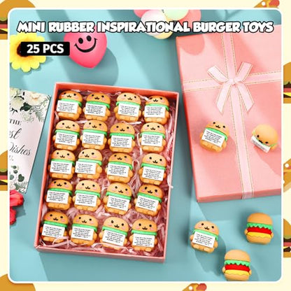 Gejoy 25 Pcs Mini Rubber Burger Toys Positive Mini Burgers Figures | Tiny Figurines to Hide, Burger Gifts with Motivational Quote, Birthday Encouragement Gifts for Coworker Desk Decor - style: Burger