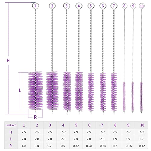 CiaraQ Bottle Cleaning Brushes, 8 Inch Nylon Tube Brush Set | Purple Cleaner for Narrow Neck Bottles Cups with Hook, Set of 10pcs. - color: Purple, size: 8.0 Inch (10pcs)