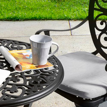 NUU GARDEN Outdoor 3-Piece Bistro Set with Cushions, Round 24 Inch Cast Aluminum Bistro Table with 2.17" Umbrella Hole, 2 Cast Aluminum Bistro Chairs, for Patio, Garden, Backyard and Balcony, Black - color: Bistro With Gray Cushion