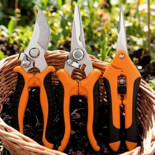 3Pcs Professional Stainless Steel Garden Scissors –Heavy-Duty Pruners with Non-Slip Grip, Ideal for Flowers, Herbs & Bonsai,Orange - color: Orange