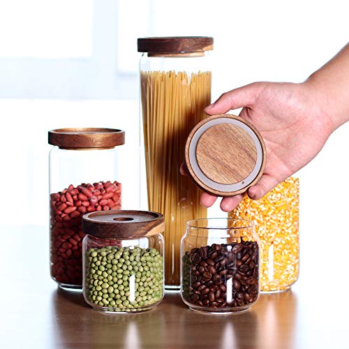 Glass Canisters Set of 5 for the kitchen, Glass Storage Container jars with Airtight Acacia Lid for Coffee Beans, Flour, Sugar, Rice and Spaghetti and etc - color: Clear Glass - Acacia Lids (Set of 5)