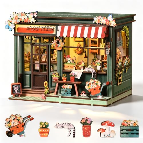 Book Nook DIY Miniature House Kit, 3D Wooden Puzzle Coffee House Dollhouse with Light & Tools, Creative Bookshelf Insert Craft Gifts for Adults Teens (Aura Verde Flower Room) - color: Aura Verde Flower Room