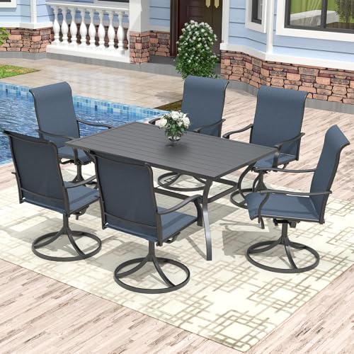Anmutig 7-Piece Outdoor Dining Set, 60" Patio Table & 6 Swivel Chairs, Blue | Weather-Resistant Steel Frame, Textilene Fabric, Umbrella Hole, Easy Assembly, Balcony, Garden, Backyard, Poolside - color: Blue, size: Table-60"*38", style: Arm Style2