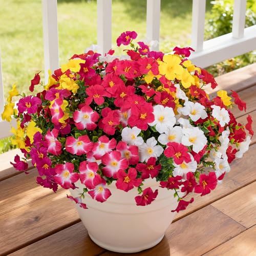 12 Bundles Artificial Flowers for Outdoors UV Resistant Fake Morning Glory - color: Red,rose Red,magenta,rose Pink,white,yellow