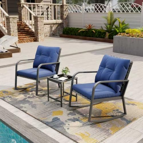 Bistro 3 Piece Patio Furniture Set, Patio Table and Rattan Outdoor Rocking Chairs Set of 2, Outdoor Bistro Conversation Set for Garden, Balcony, Poolside, Backyard, Blue - color: Blue