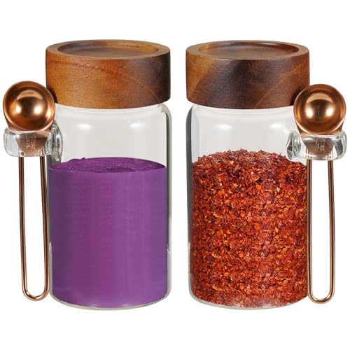 8 oz Small Glass Mason Jars with Scoop Wooden Screw Lid Spice Herb Storage Container Clear Round Glass Food Canister for Seasoning Sugar Tea Coffee Bean Spice Salts Pantry (2×250ml(8.4oz)with scoop) - color: 2×250ml(8.4oz)with scoop