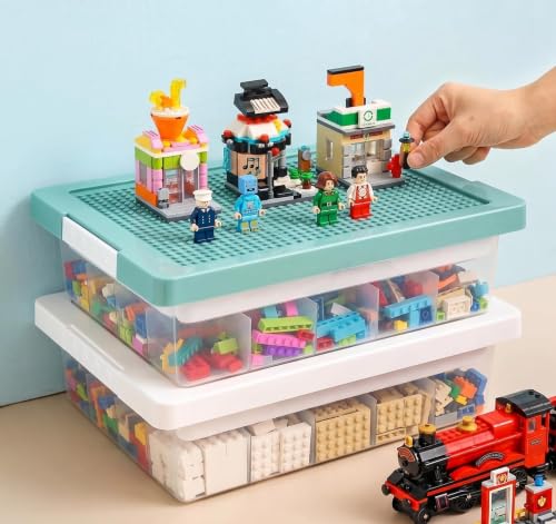 Toy Storage Organizer Box for Lego Bricks with Compatible Building Plate Lid, 3-Layer Removable Sorting Trays, Stackable Plastic Storage Bin, Building Block Organization (1pc-green) - color: green