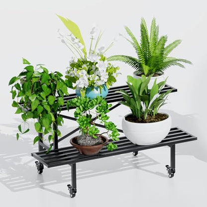 Zhongma 2 Tier Heavy Duty Metal Plant Stand with wheels Indoor Outdoor Use - size: 2-Tier: L35.43 x W17.5 x H16.14 w Wheels