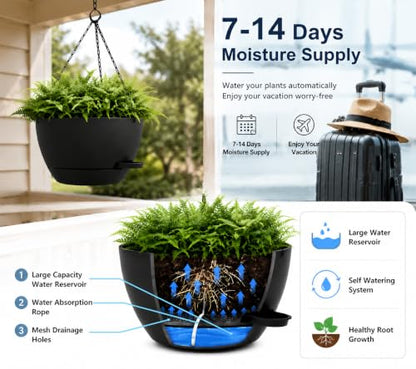 12" Self Watering Hanging Planters with Chains, Black, 2 Pack - color: Black, size: 2 pack 12 inches
