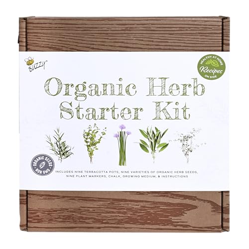 Buzzy Seeds Organic Herb Garden Kit 9-Pack - Mini Terracotta Pot Grow Set - Complete Indoor/Outdoor Gardening Kit with Seeds, Coconut Husk Growing Medium & Genuine Pots - 100% Grow Guarantee