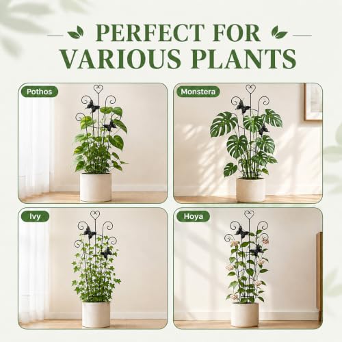 32.6in Plant Trellis for Climbing Plants Indoor with Butterflies, Expandable Large Metal Trellis for Potted Plants, Heavy-Duty Tall Pothos Plant Climber Support for Ivy Pothos Hoya Monstera, 4P - size: 32in/heart,4p