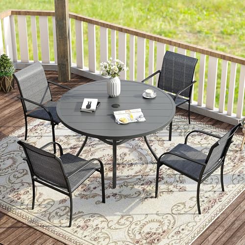 VICLLAX 5 Pieces Patio Dining Set for 4, Outdoor Furniture Set Includes 40.7" Round Patio Table and 4 Patio Stackable Chairs, Grey Tabletop and Grey Fabric - color: Grey Table/Grey Chairs, size: Table-40.7"x 28"