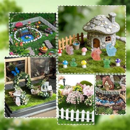 OLYCRAFT 35 Inch Mini Fairy Garden Fence Set with 4Pcs White Picket 8Pcs Fake Grass 6x6 Inch and 12Pcs Mini Animal Decorative Picket Fence Miniature Garden Ornament for DIY Minihouse Landscape