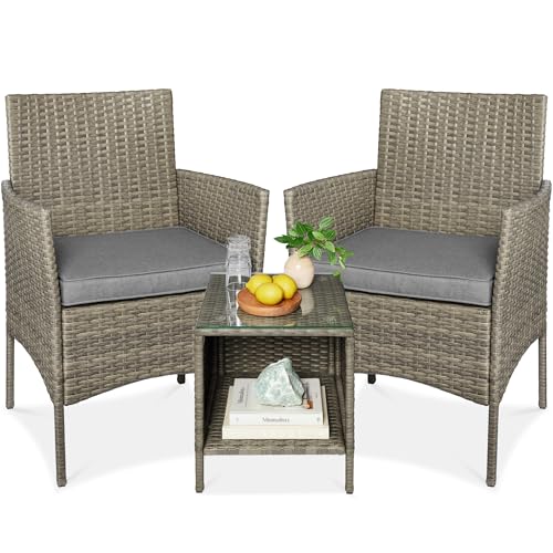 Best Choice Products 3-Piece Outdoor Wicker Conversation Bistro Set, Space Saving Patio Furniture for Garden w/Side Table - Taupe/Cement Gray - color: Taupe/Cement Gray
