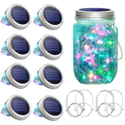 SunKite Solar Mason Jar Lights [Updated], 8 Pack 20 LED Waterproof Fairy Firefly Jar Lids String Lights with Hangers(NO Jars), Patio Yard Garden Wedding Decoration - Colorful - color: Colorful