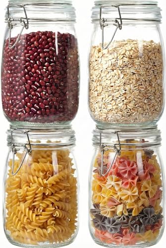 32 oz Round Glass Jars with Airtight Lids, 4 Pack Mason Jar with Clamp Lids | Air Tight Glass Food Storage Containers with Lids Keep Food Dry & Fresh, Best Canister for Flour, Sugar, Cereal, Rice, Coffee - color: 32 floz Set-4Pack