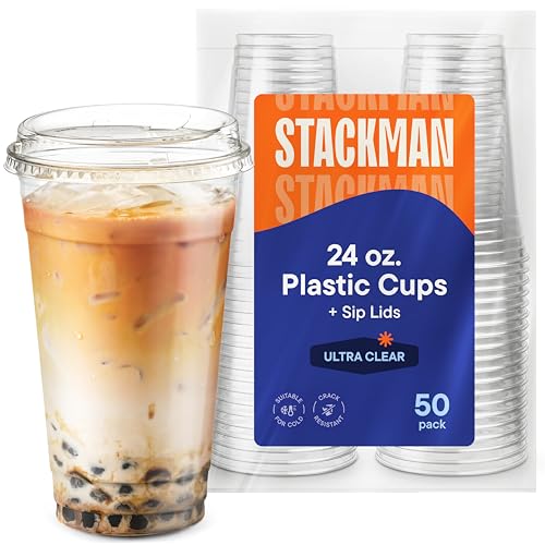 24 oz Clear Plastic Cups with Strawless Sip-Lids [50 Sets] PET Crystal Clear Disposable 16oz Plastic Cups with Lids - Crystal Clear, Durable Cup - BPA Free + Crack Resistant, for Coffee, Juice, Shakes - style: 24 oz.