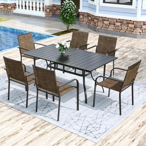 Anmutig 7-Piece Outdoor Dining Set, 63" Patio Table, Stackable Chairs Brown - color: Brown Fabric + Black Frame, size: 63"*38"*28"