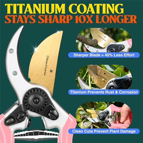 Haus & Garten ClassicPRO 8.5" Premium Titanium Bypass Garden Shears - Use as Pruners, Pruning Shears for Gardening, Hand Pruners, Handheld Garden Clippers, Scissors for Women - color: Pink Non Slip Soft Grips