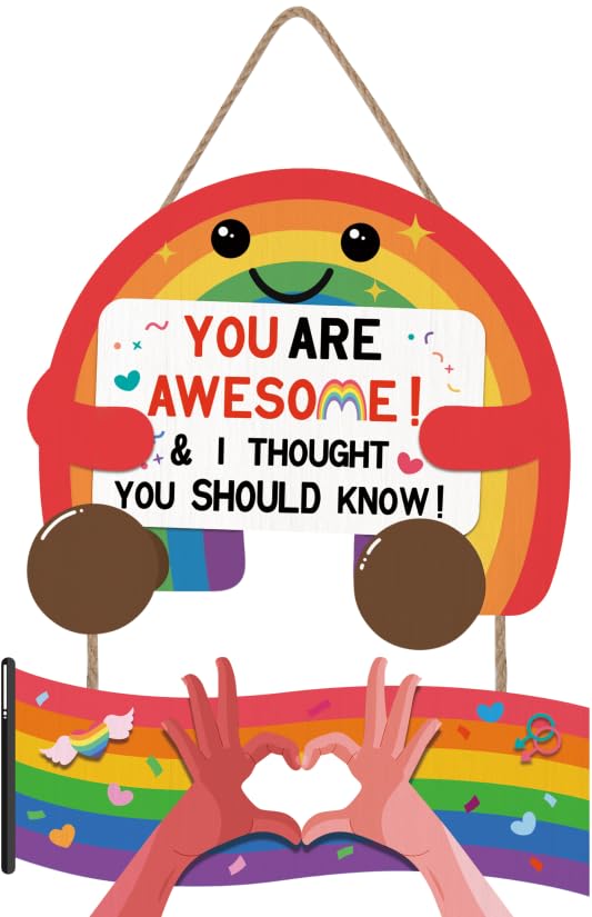 HOURIA Pride Rainbow Welcome Front Door Hanging Sign(11.4"x14"),You are Awesome Rainbow Wreath LGBTQ Wooden Door Sign,Colorful Welcome Wall Decor for Bedroom Classroom Nursery Playroom Home - color: You Are Awesome Sign Rainbow Color