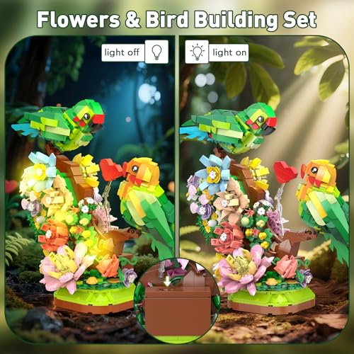 Vziimo Flowers & Love Bird Building Set, Flower Animals Parrot Botanicals Decor Model Kit with LED, Creator Animal Toys Gifts Ideas for Adults and Teens Age 14+ (1050 PCS) - style: Love Birds