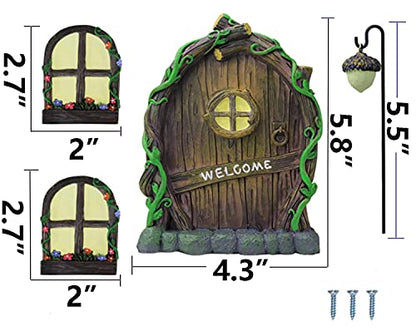 Resin Miniature Fairy Gnome Home Windows and Welcome Door with Fairy Lantern,Glow in Dark Art Sculpture for Trees Outdoor Indoor Garden Yard Wall Decorations