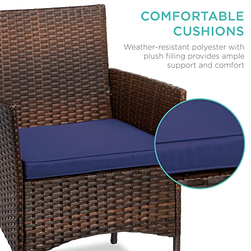 Best Choice Products 3-Piece Outdoor Wicker Conversation Bistro Set, Space Saving Patio Furniture for Garden w/Side Table - Brown/Navy - color: Brown/Navy
