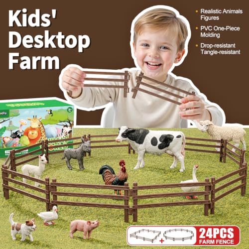 24PCS Farm Animal Corral Fence Toys for Kids Age 3-5 5-7 4-8 Years Olds - style: Brown 24PCS
