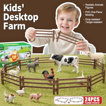 24PCS Farm Animal Corral Fence Toys for Kids Age 3-5 5-7 4-8 Years Olds - style: Brown 24PCS