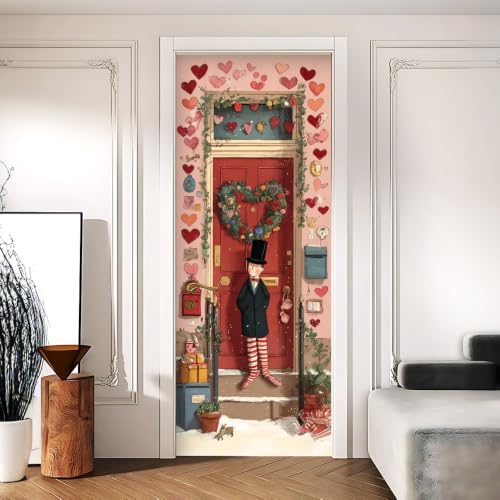 Whimsical Heart Wreath Top Hat Character Door Mural 30.31x78.74in - color: Colorful1070