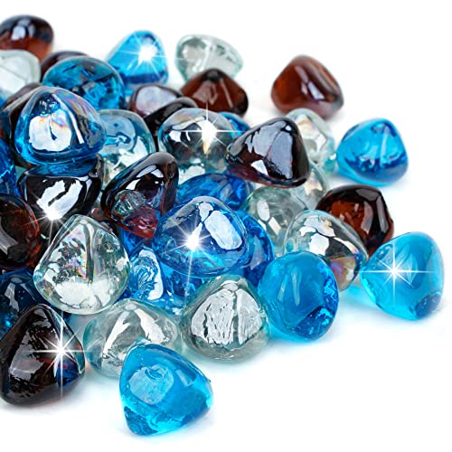 Mr. Fireglass 1 Inch Diamond Fire Glass, Caribbean Blue+Crystal Ice+Amber - color: Caribbean Blue+crystal Ice+amber, size: 1 inch, 10 Pounds