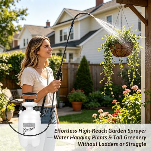 4L Watering Can for Hanging Plants, Adjustable 360° Flexible Nozzle Long Reach Plant Watering Sprayer, No Battery Needed, with Shoulder Strap for Indoor Garden High Plants & Hard-to-Reach Areas