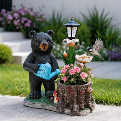 Black Bear with Watering Can Garden Statue Planter, Resin Outdoor Flower Pot with Barrel Basket, Decorative Animal Planter for Patio, Yard, Lawn, Cabin Decor - color: Animal Blue