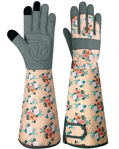 Long Gardening Gloves for Women Thorn Proof Leather Garden Gloves Breathable Working Gloves for Women Yard Outdoor - color: Apricot-large