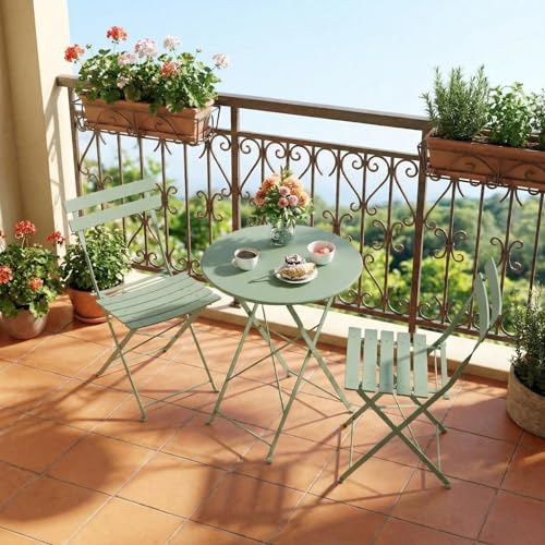 GarveeLife Outdoor Metal Bistro Set, 3-Piece Patio Furniture Set with 2 Chairs and 1 Table, Flat Steel Frame Patio Dining Set for Garden, Balcony, Porch & Backyard,Green