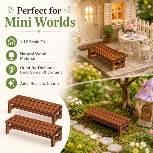 DECHOUS 2Pcs Miniature Wooden Benches for Dollhouse Decoration | Mini Park Bench Furniture for Fairy Garden, Museum Models, Diorama, Miniature Landscape Accessories