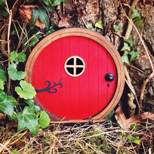 Red Fairy Garden Door for Tree, Fairy Doors for Trees Outdoor & Tree Trunk, Mini Fairy Garden Sculpture Lawn Ornament Decor, Fairytale Tiny House Doors Mini Gift, Fairytales Door Decoration