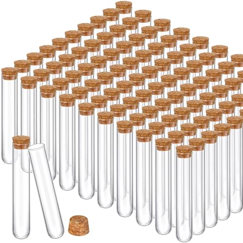 Thyle 100 Pcs Glass Test Tubes with Cork Clear Stoppers Round Bottom Lab Test Alcohol Tampons Glass Tubes Container Vials for Plants Scientific Experiments Candy Storage Party Favors (25x140mm/45ml) - size: 25x140mm/45ml