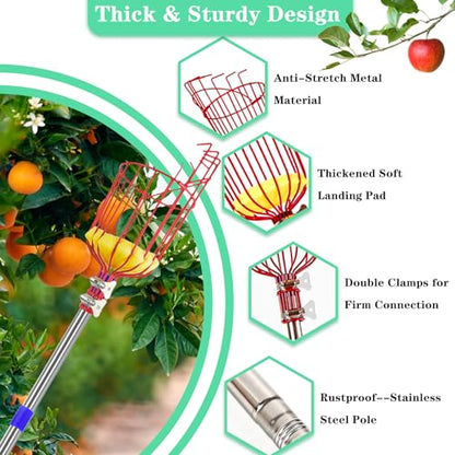 Qiullen 13 FT Extendable Fruit Picker Pole Tool Adjustable Long Handle Fruit Picker Metal Basket Fruit Grabber Tool with Protective Foam Pad Stainless Steel Garden Picker Tool for Apple Mango Lemon
