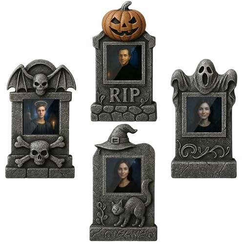 Halloween 3D Tombstone Decorations - 4 Pack Scary Lenticular Changing Face gravestones with Stakes for Outdoor Yard, Lawn, Garden - Perfect for Halloween Party Decorations and Graveyard Decor - color: Gray