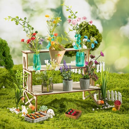 70 PCS Make It Miniature Nature Garden Plants Set - DIY Botanical Collectibles Craft Kit W/ Wood Display Stand - Tiny Paper Flower Bouquet, Succulents & Bonsai Decor - Creative Gift for Kids & Adults