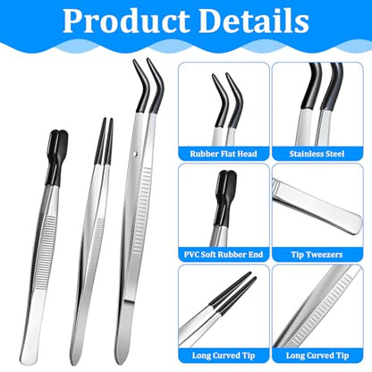 3 Pieces Tweezers with Rubber Tips, Craft Sticker Rubber Tipped Tweezers Straight Flat Tip Long Bent Precision Tweezer Set for Crafting, Jewelry, Stamps, Beads, Lab Industrial Tools (Black)