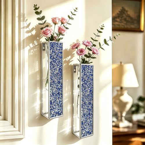 2 Pack Wall Vase Décor with Tubes Hanging Planters Crystal Boho Metal Wall Decor Modern Home Decor Display Wall Art Bedroom Bathroom Living Room - color: Sliver-crys Cobalt Blue