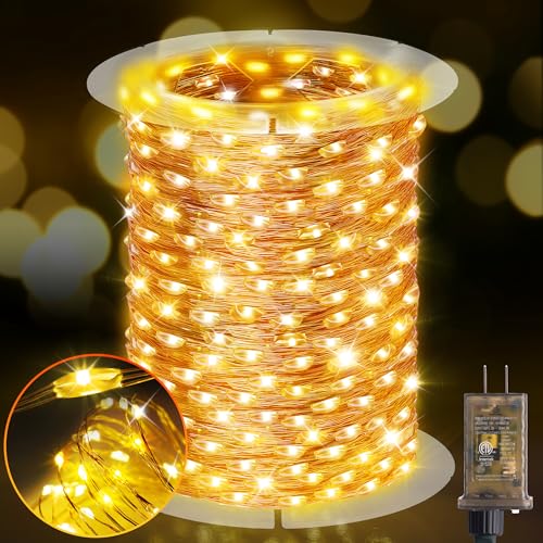 KNONEW 203FT 600LED Outdoor Fairy Lights Plug in Warm White Christmas Decor | Timer, Memory, Dimmable, Remote, Waterproof, Copper Wire, Flexible, for Garden, Wedding, Party, Indoor/Outdoor, Christmas - color: Warm White, size: 203FT 600 LED Copper-colored